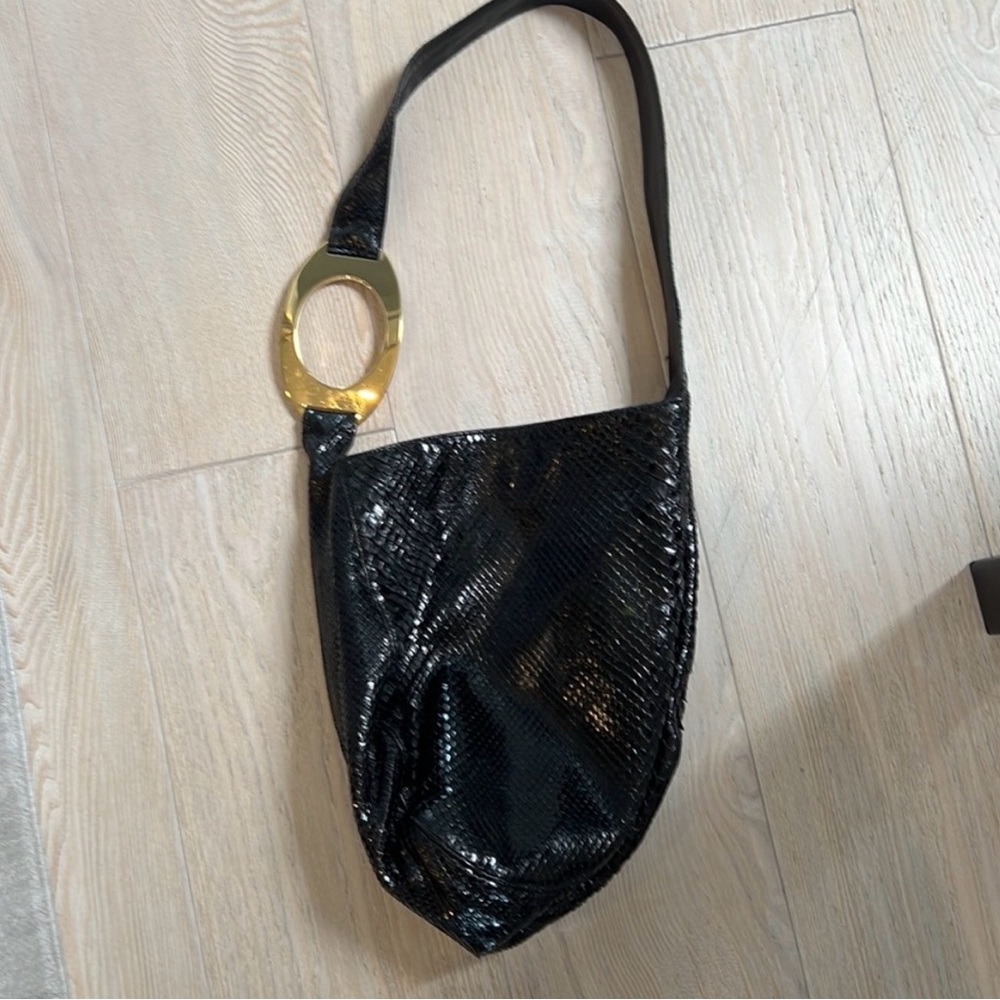 Valentino Garavani Vintage Black Python Snake Shoulder Hobo Bag with Gold Hardwa